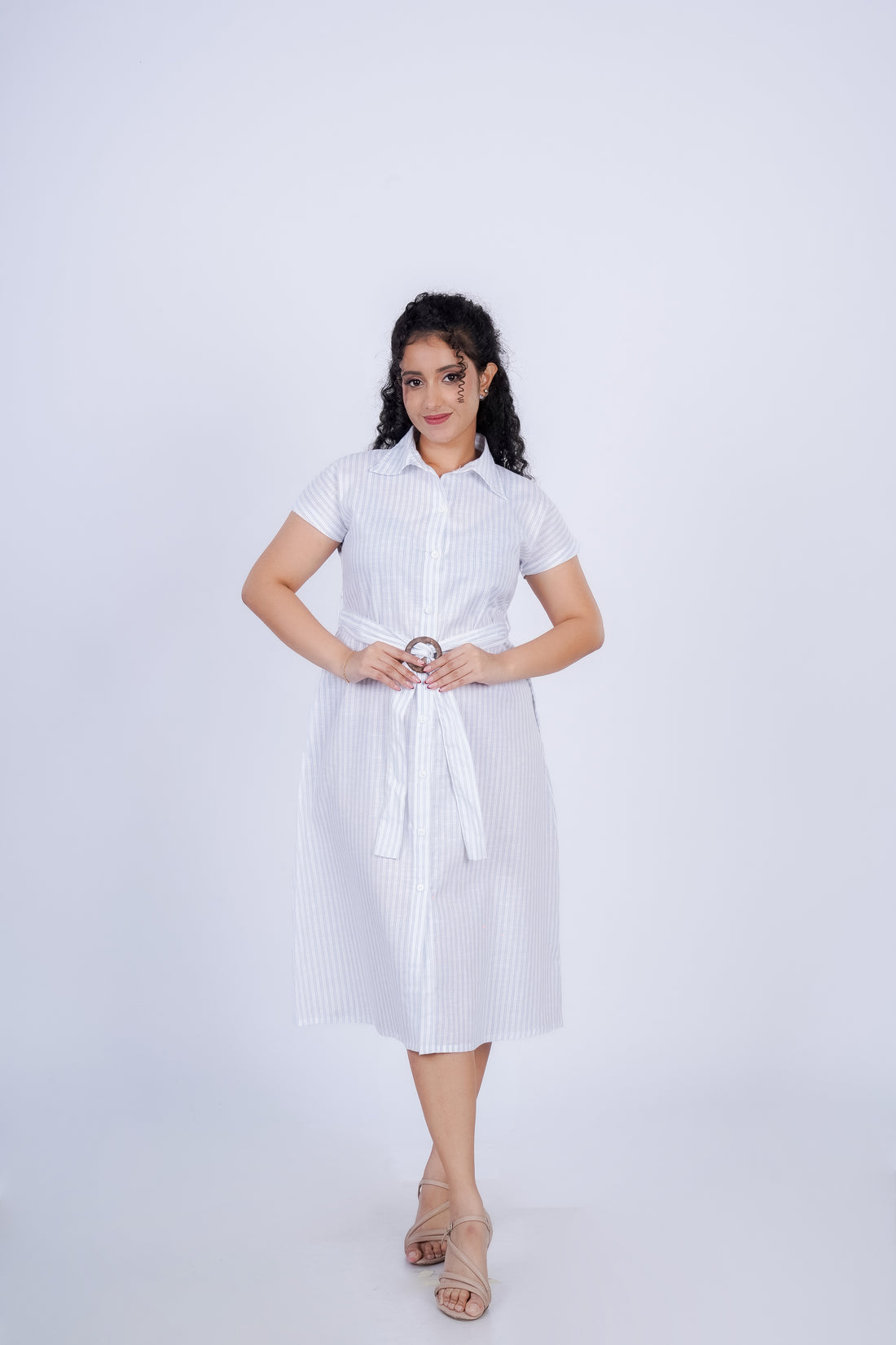 Belted Striped Midi Shirt Dress