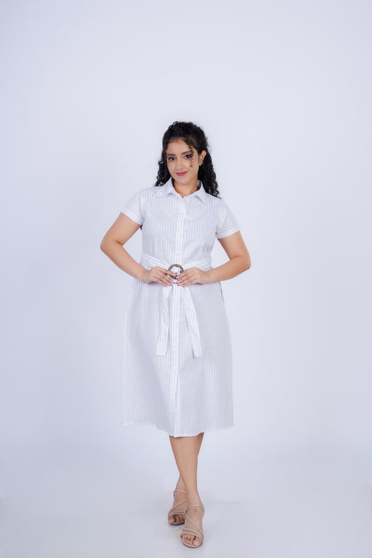 Belted Striped Midi Shirt Dress