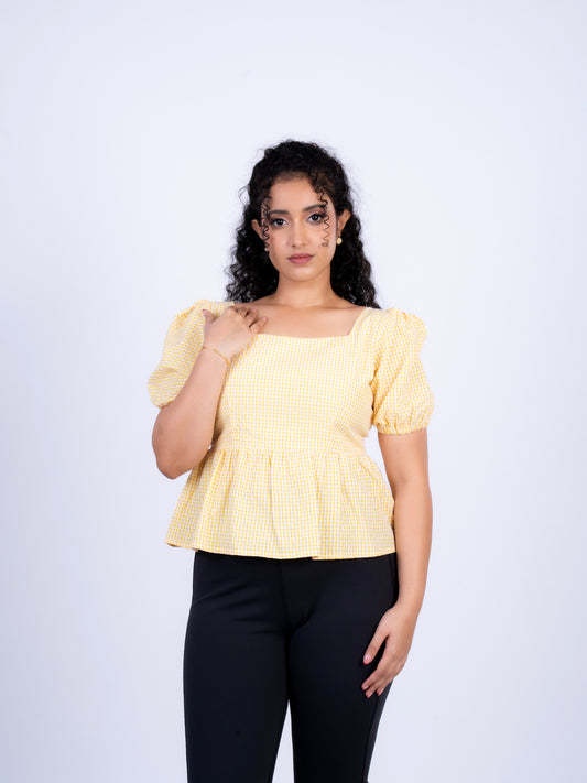 Sunshine Gingham Square-Neck Peplum Top
